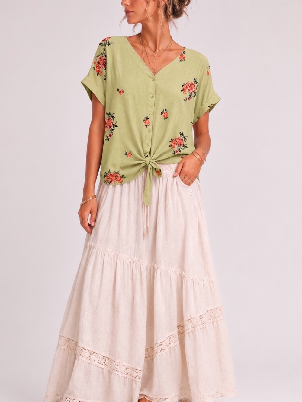 KINDRED WOMEN BOHO EMBROIDERED TIE FRONT TOP 2X GREEN COASTAL RESORT CRUISE NEW